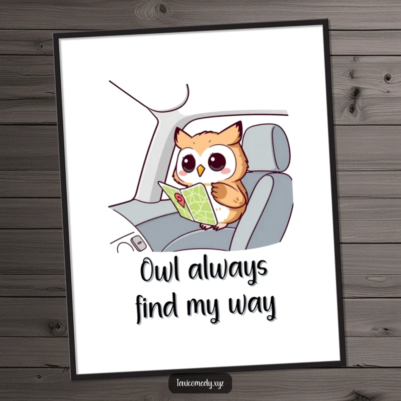 Funny Free Printable Wall Art: A curious owl with large eyes, intently studying an old-fashioned map in a car.