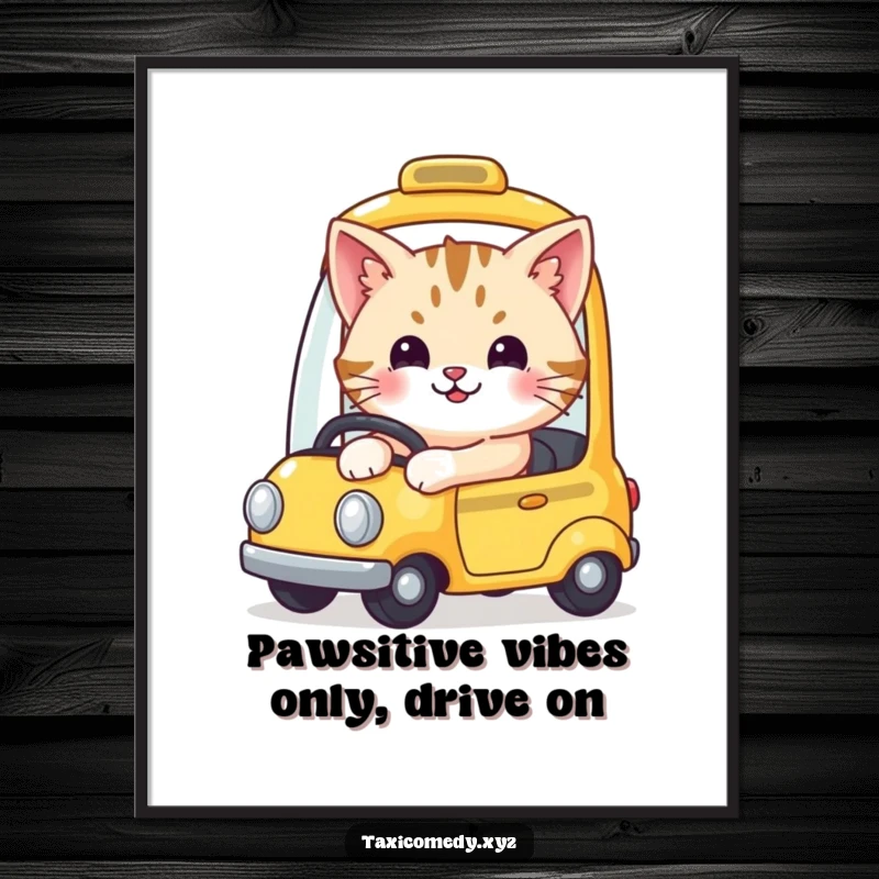 Funny free printable wall art: A cute cat in a driver's cap gleefully piloting a miniature yellow taxi down a road.