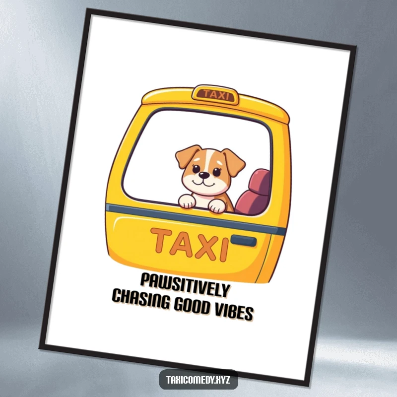Funny Free Printable Wall Art: Dog's head out taxi window, tongue out, enjoying the ride, city backdrop.