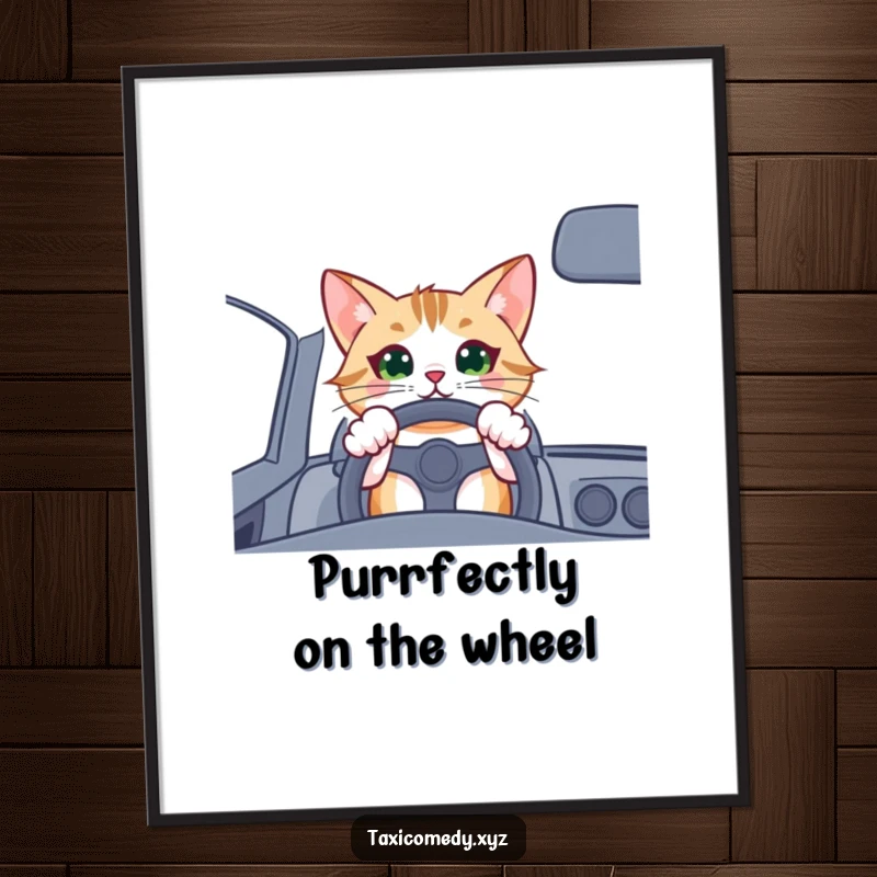 Funny Free Printable Wall Art: Excited cat with paws on the steering wheel, ready for an adventure.