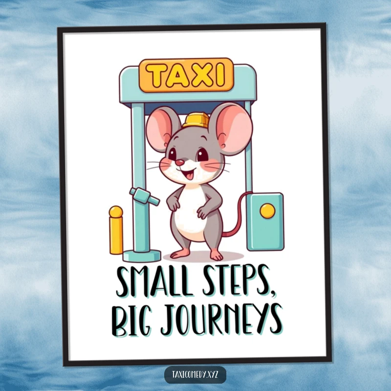 Funny Free Printable Wall Art: Happy mouse eagerly waits at taxi stand, ready for any adventure.