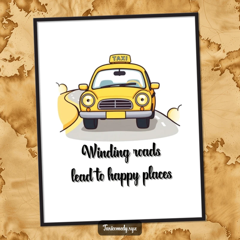 Funny Free Printable Wall Art: Cute Taxi Cab with Big Happy Headlights Driving Scenic Road