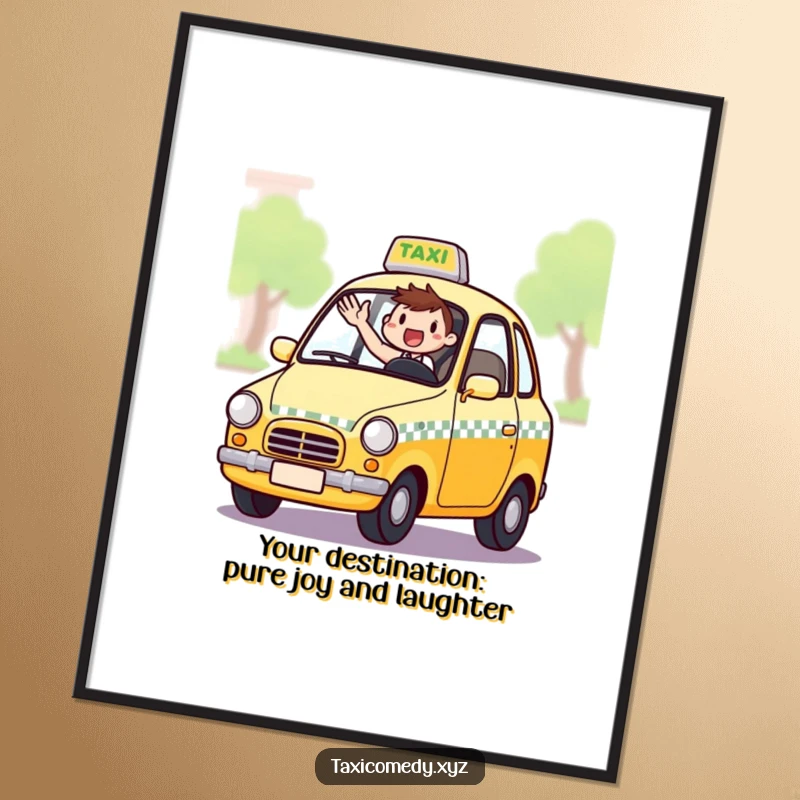 Funny Free Printable Wall Art: Excited Taxi Driver Waving Enthusiastically from Car Window