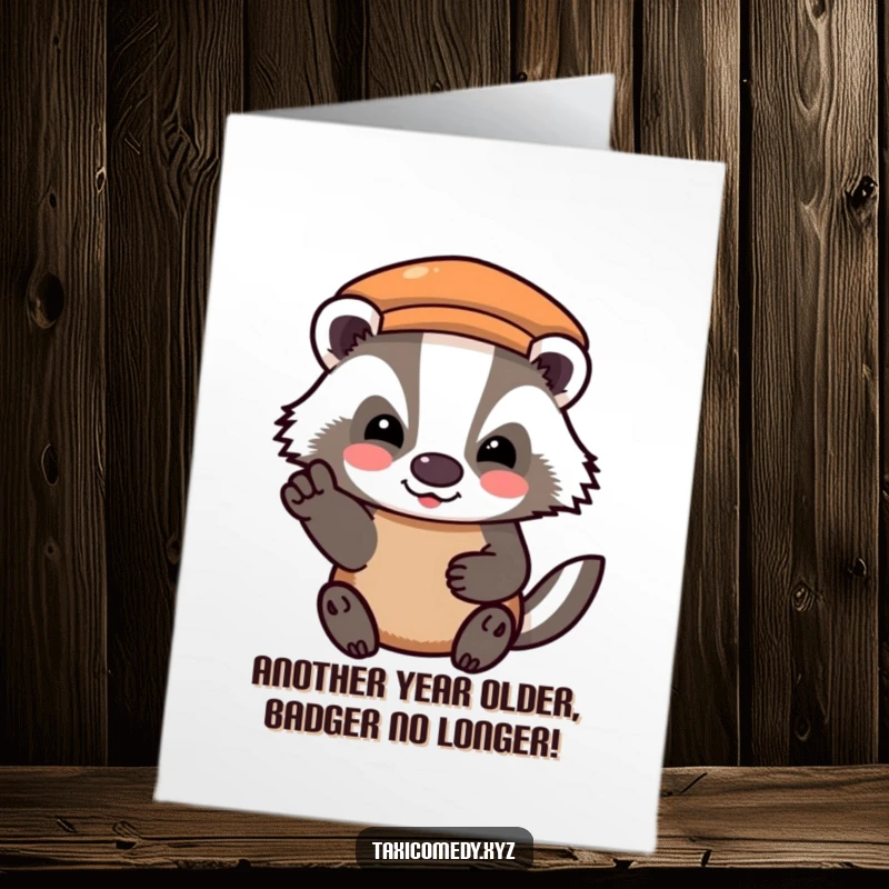 Funny Free Printable Birthday Card: Grateful badger paying taxi fare with a happy nod, celebrating joyously.