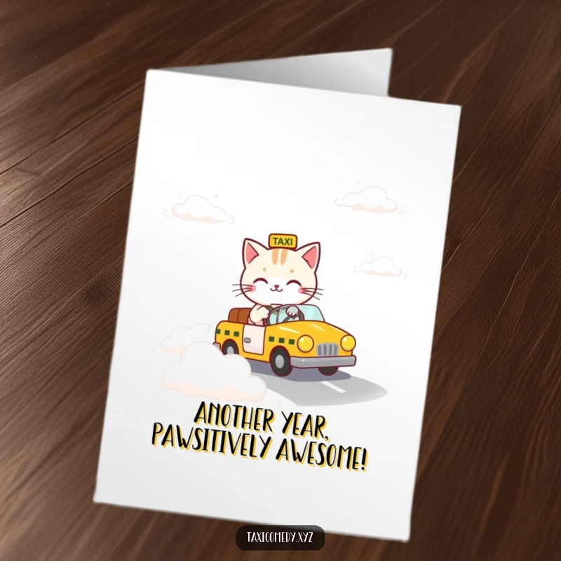 Funny free printable birthday card: Cat expertly steering a taxi along a fluffy white cloud road, symbolizing a dreamy journey.
