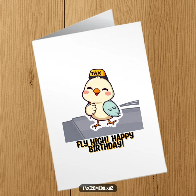 Funny free printable birthday card featuring a bird as a taxi driver, giving a cheeky wink to the passenger.