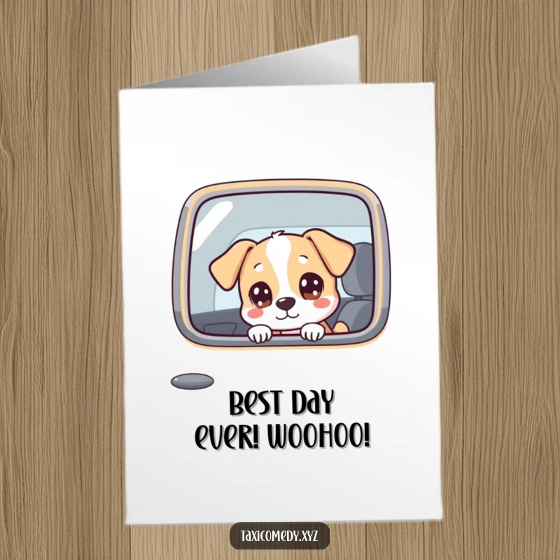 Funny Free Printable Birthday Card: Dog peeks out taxi window wide-eyed, capturing a moment of innocent wonder.