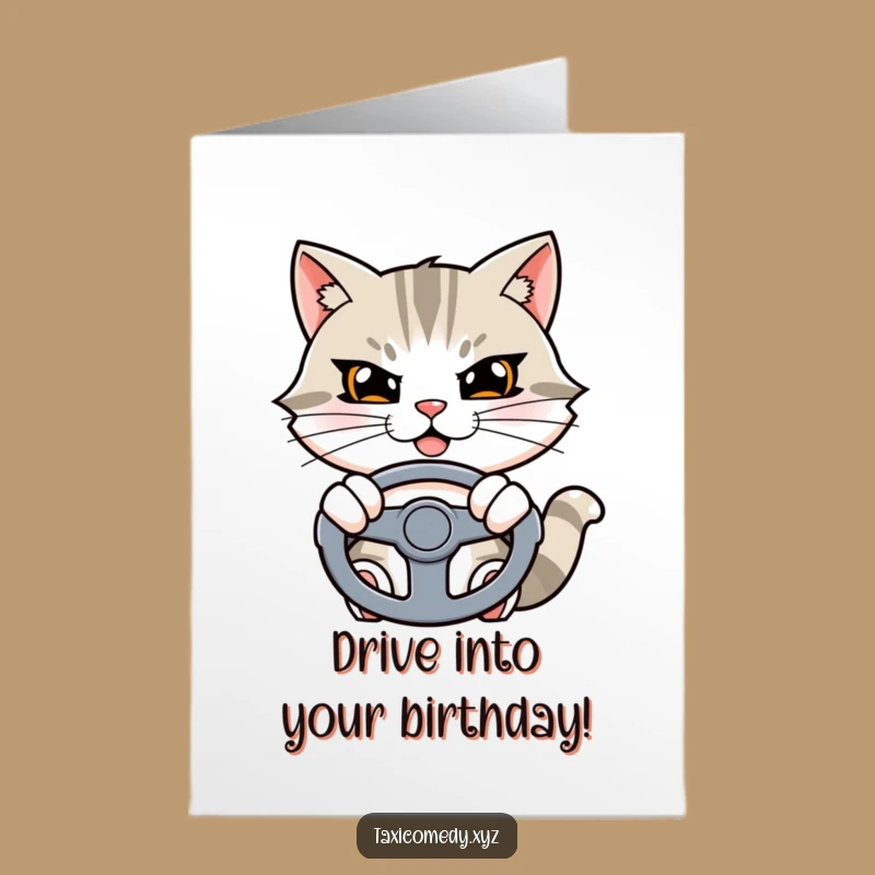 Free Printable Birthday Card: Cat Driver's Birthday Trip, Downloadable Funny Cat Humor