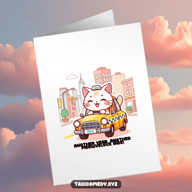 Funny Free Printable Birthday Card: A smiling cat happily drives a taxi down a vibrant, stylized city street.
