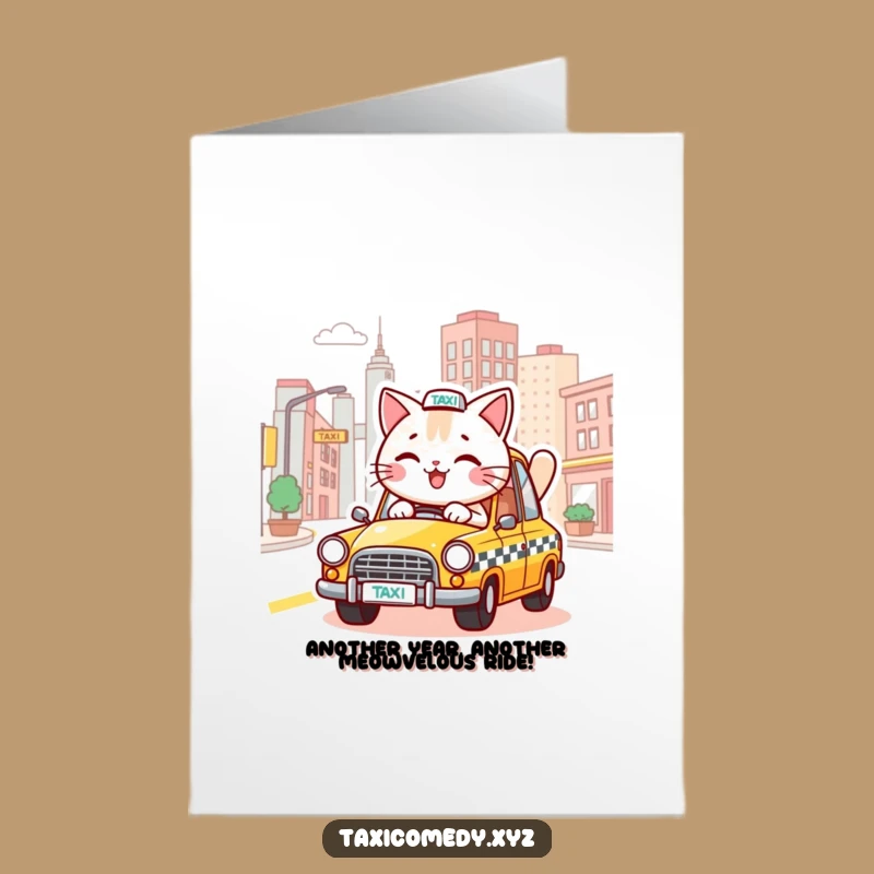 Free Printable Birthday Card: Cheerful Cat Taxi Driver Funny Downloadable Gift
