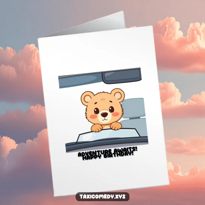 Funny Free Printable Birthday Card: Bear cub peering curiously through a windshield, big innocent eyes, ready for adventure.