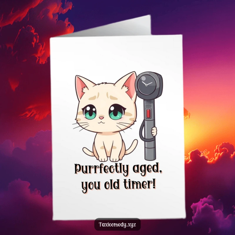 Funny Free Printable Birthday Card: Wide-eyed cat stares intently at a ticking taxi meter, full of wonder and amusement.