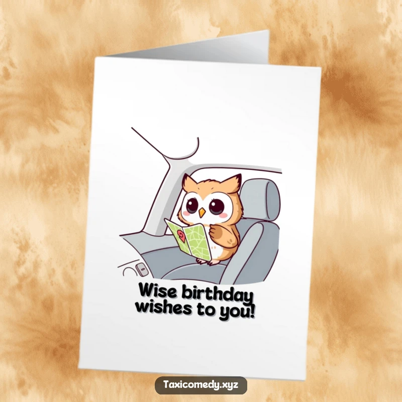 Funny Free Printable Birthday Card: Wise owl in passenger seat, peering intently at a folded map, looking curious.