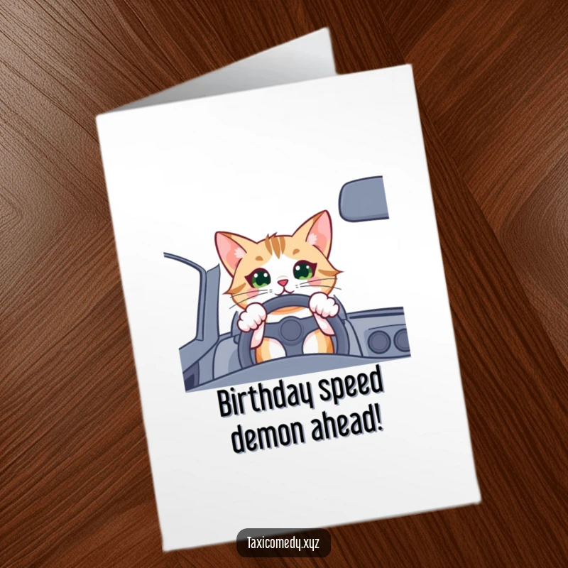 Funny Free Printable Birthday Card: Excited cat behind the wheel, paws on the steering wheel, ready to drive.