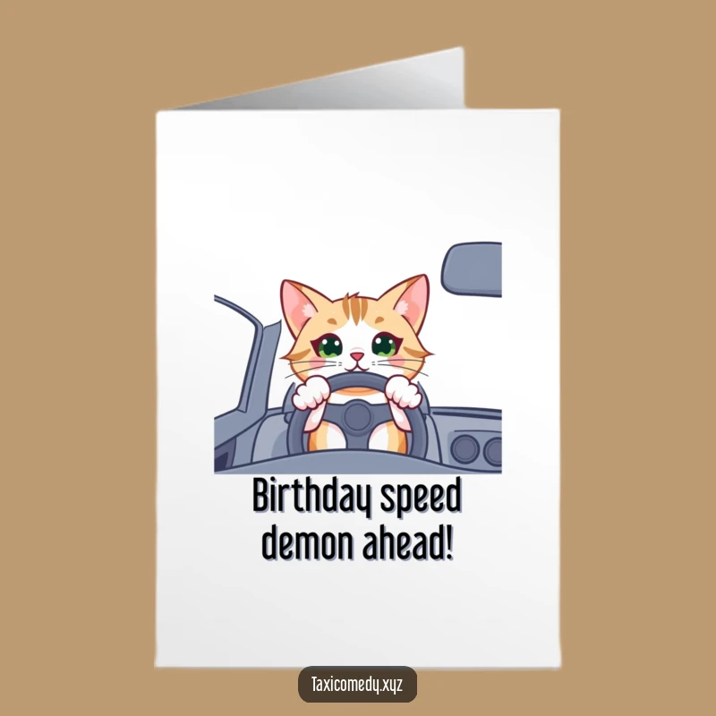 Free Printable Birthday Card: Excited Cat Driver - Downloadable Funny Greeting