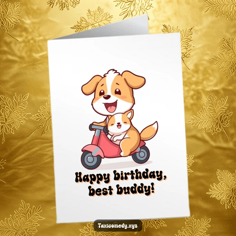 Funny Free Printable Birthday Card showing a happy dog excitedly giving a smaller animal a ride in its mouth or on its back.