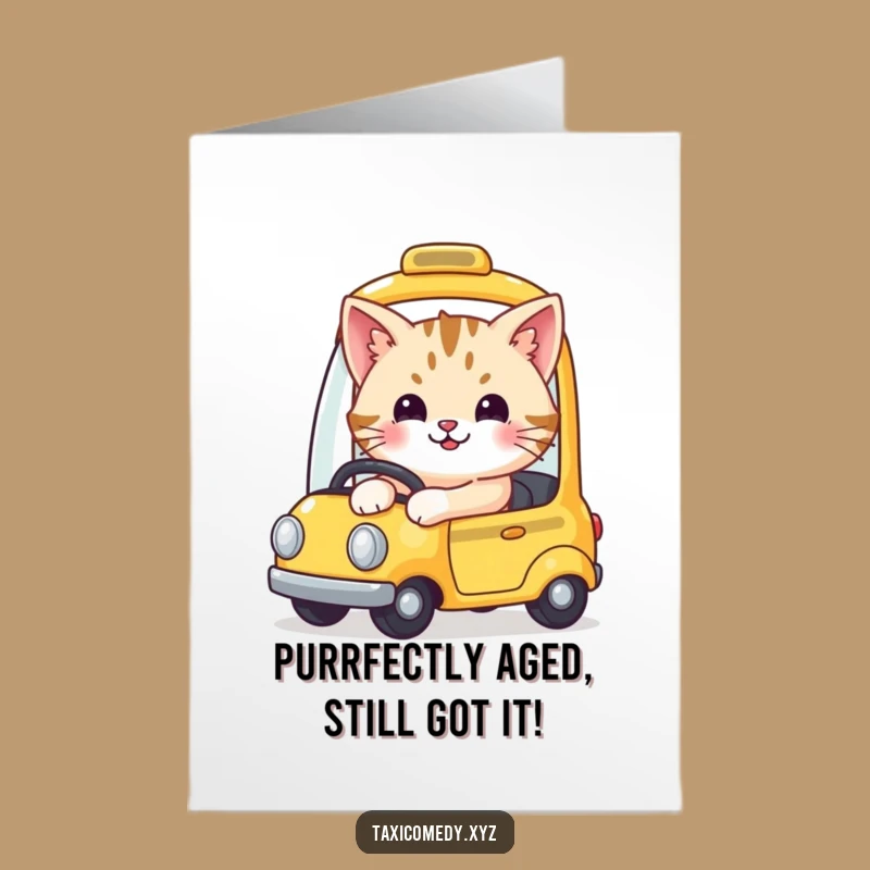 Free Printable Birthday Card: Funny Smiling Cat Taxi Driver - Downloadable Gift