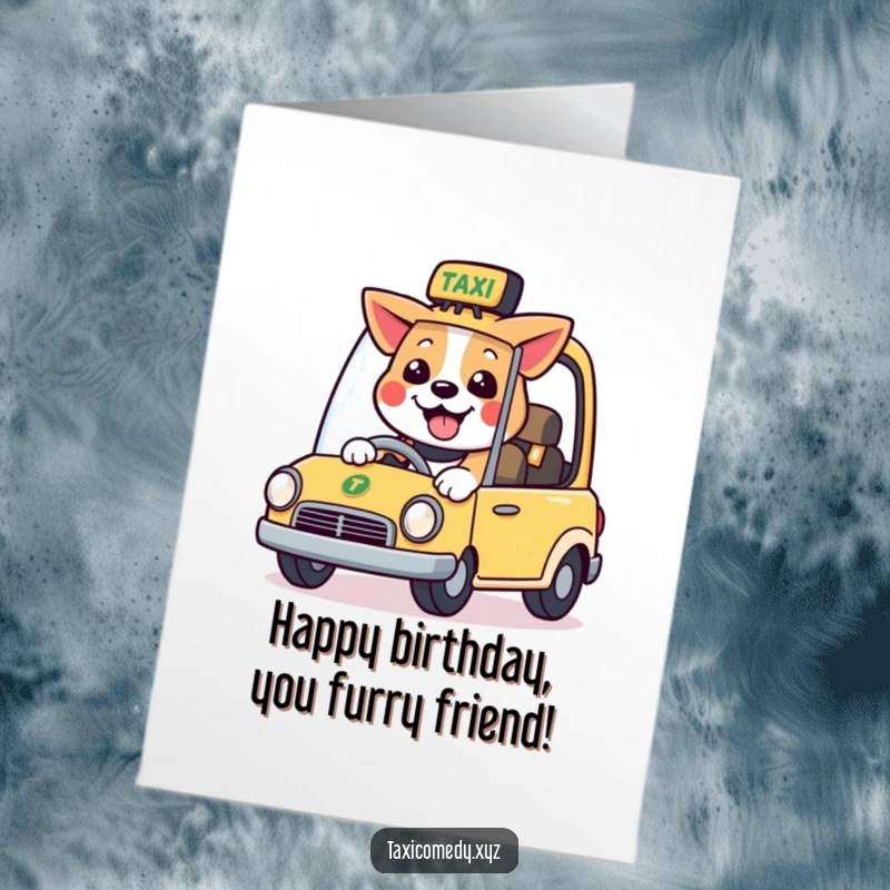 Funny free printable birthday card of a dog happily driving a stylized taxi, offering a fun ride.