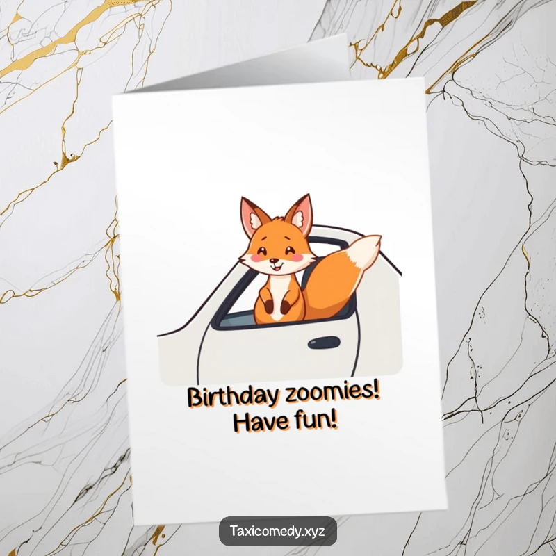 Funny free printable birthday card featuring a fox with a huge grin, happily hanging out the window of a speeding taxi.