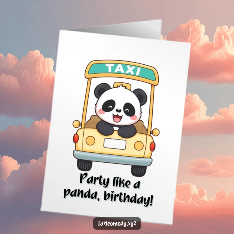 Funny Free Printable Birthday Card: Panda joyfully riding in open-top taxi, celebrating birthday adventure, downloadable gift.