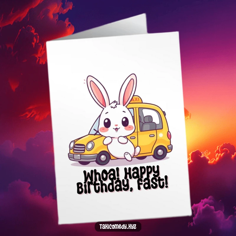Funny free printable birthday card showing a rabbit's shocked face as a fast, happy taxi zooms by unexpectedly.