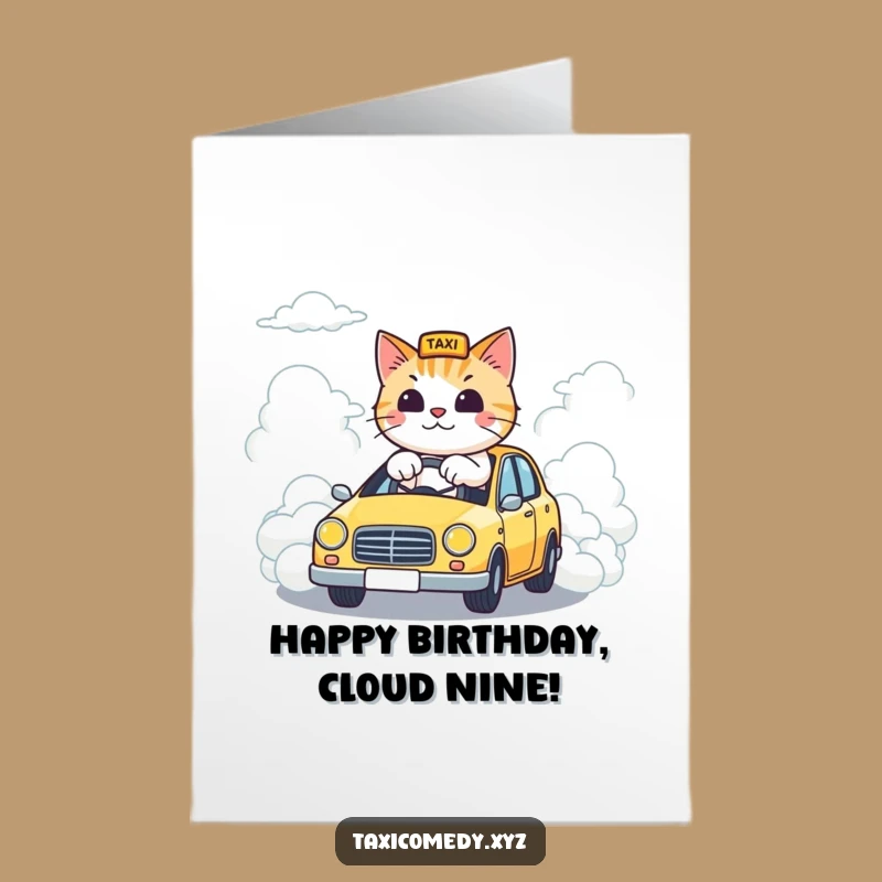 Free Printable Birthday Card: Whimsical Cloud Taxi Cat, Downloadable Greeting