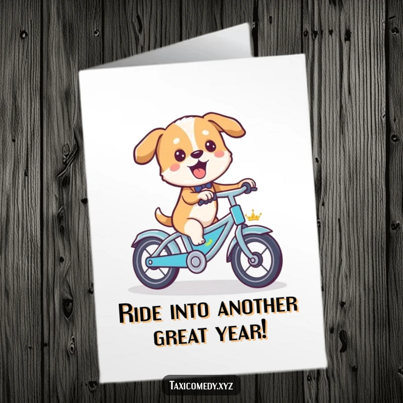 Funny free printable birthday card featuring a determined dog pedaling a miniature taxi like a bicycle, ready to deliver birthday cheer.