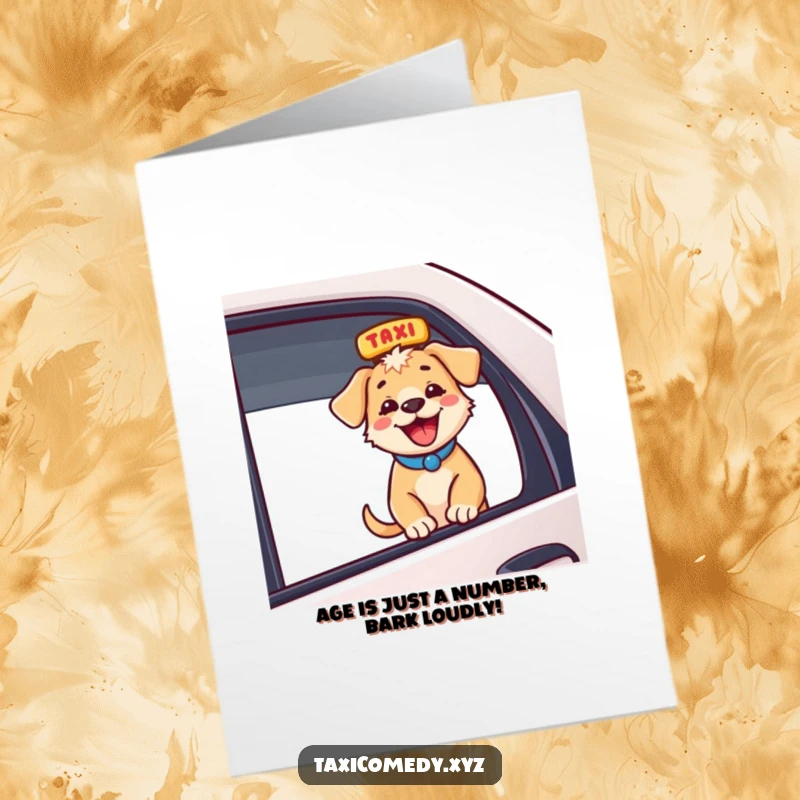 Funny Free Printable Birthday Card of an energetic puppy with ears flapping, head out taxi window, ready to party.