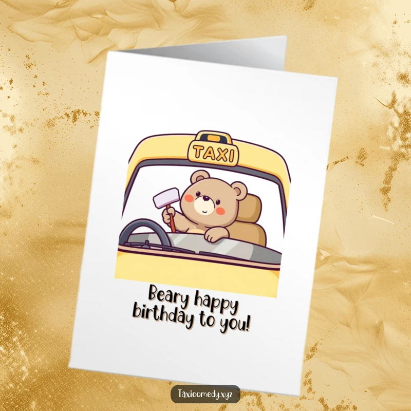 Funny Free Printable Birthday Card: A cheerful bear happily polishes the windshield of a taxi, bringing a smile to the day.