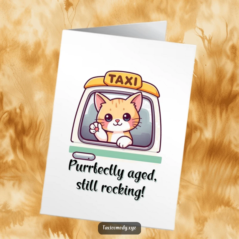 Funny free printable cat birthday card: a cat peeking from a taxi window, waving its paw with glee.