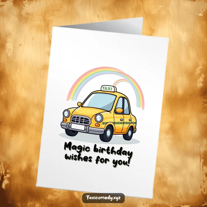 Funny Free Printable Magical Taxi Birthday Card with a rainbow over the taxi, a whimsical downloadable gift.