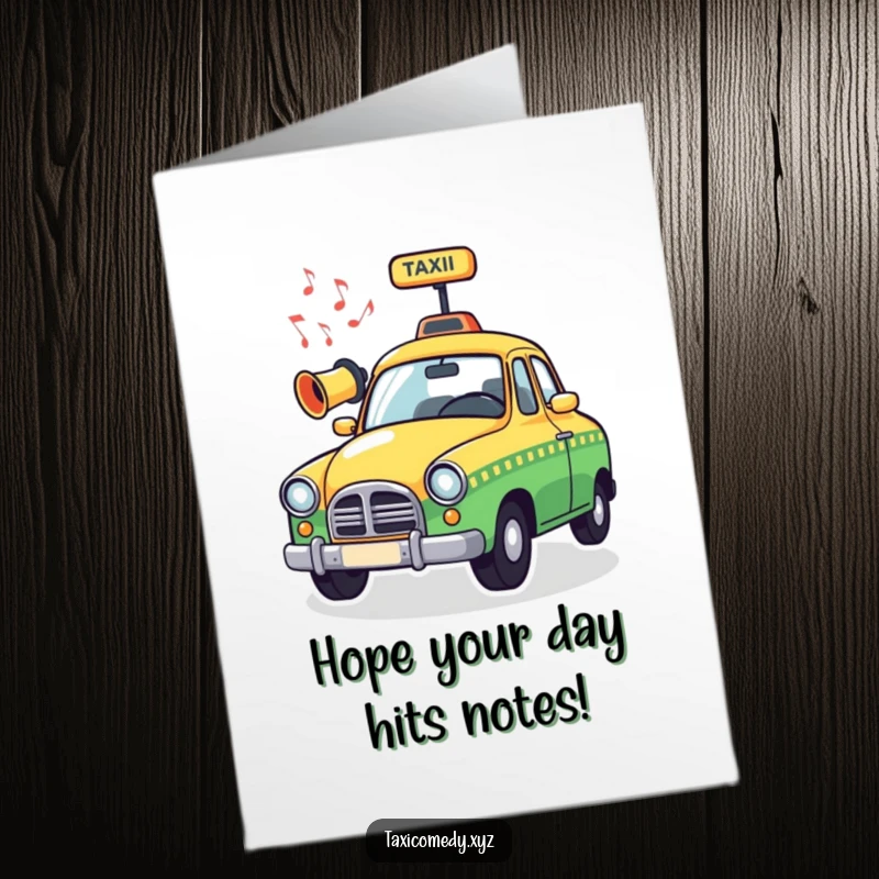 Funny Free Printable Music Taxi Birthday Card with musical notes flowing from the horn, a unique downloadable gift.