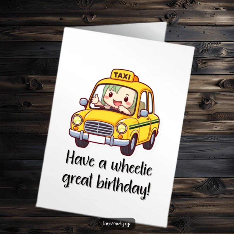 Funny Free Printable Taxi Birthday Card with a happy driver giving a thumbs-up, a great downloadable gift for drivers.