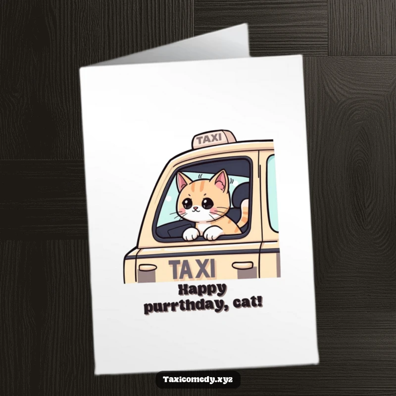 Funny Free Printable Birthday Card: Cool cat sticking its head out of a taxi window, celebrating a birthday with windblown whiskers.
