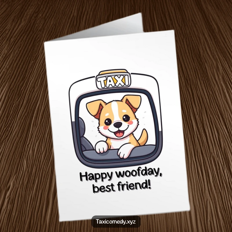 Funny free printable dog birthday card: a dog's head is out of a taxi window, tongue out, happy.