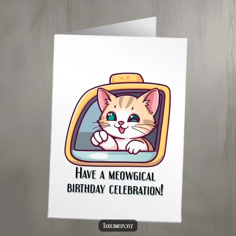 Funny Free Printable Cat Birthday Card, a curious cat points with a paw from a taxi window, a humorous downloadable gift.