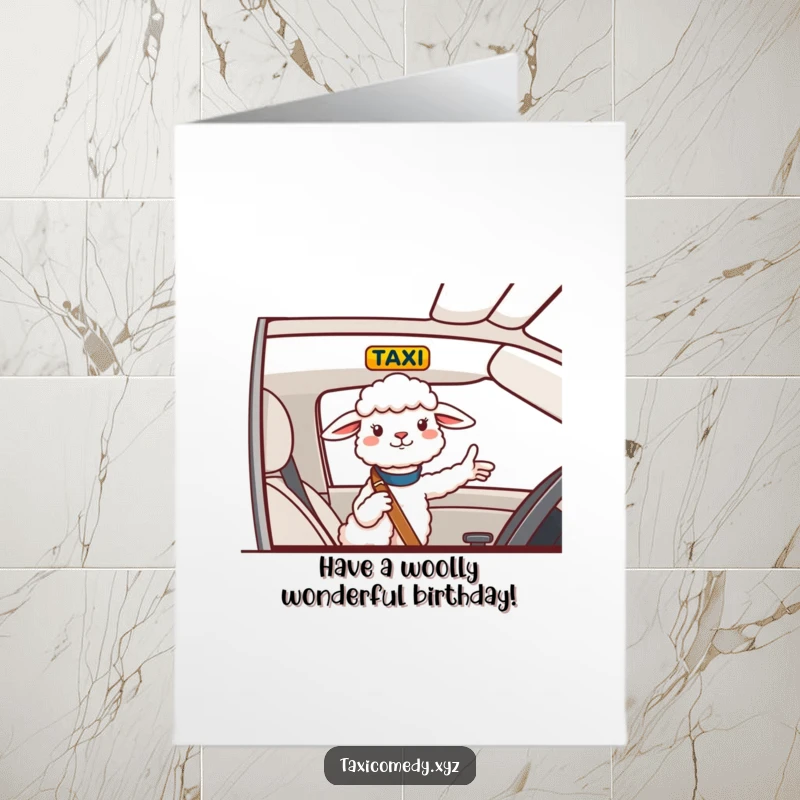 Funny Free Printable Sheep Birthday Card, a cheerful sheep gives taxi directions, perfect downloadable gift.