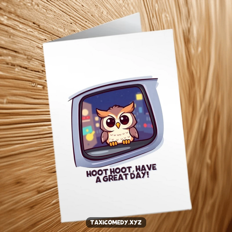 Funny Free Printable Birthday Card: Cheerful owl peeking from taxi window at night, delivering a funny birthday wish instantly.