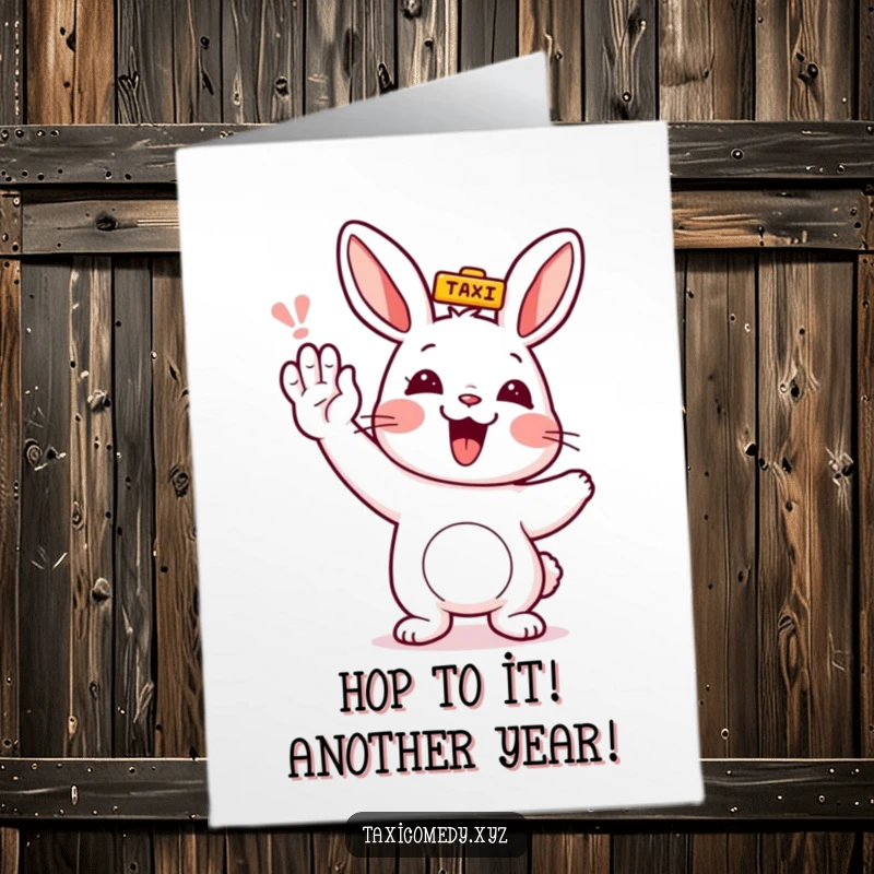 Funny Free Printable Birthday Card: Rabbit joyfully hails a taxi, ready for birthday adventures, perfect for a DIY gift.