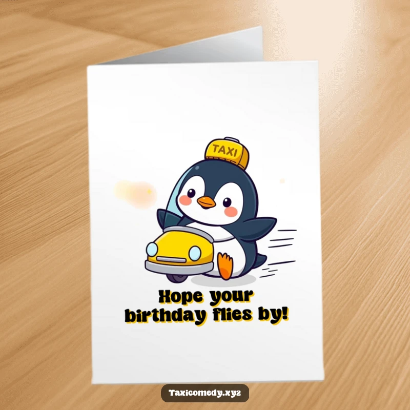 Funny Free Printable Birthday Card: A delighted penguin character joyfully watches a taxi zoom past, eyes wide with excitement.