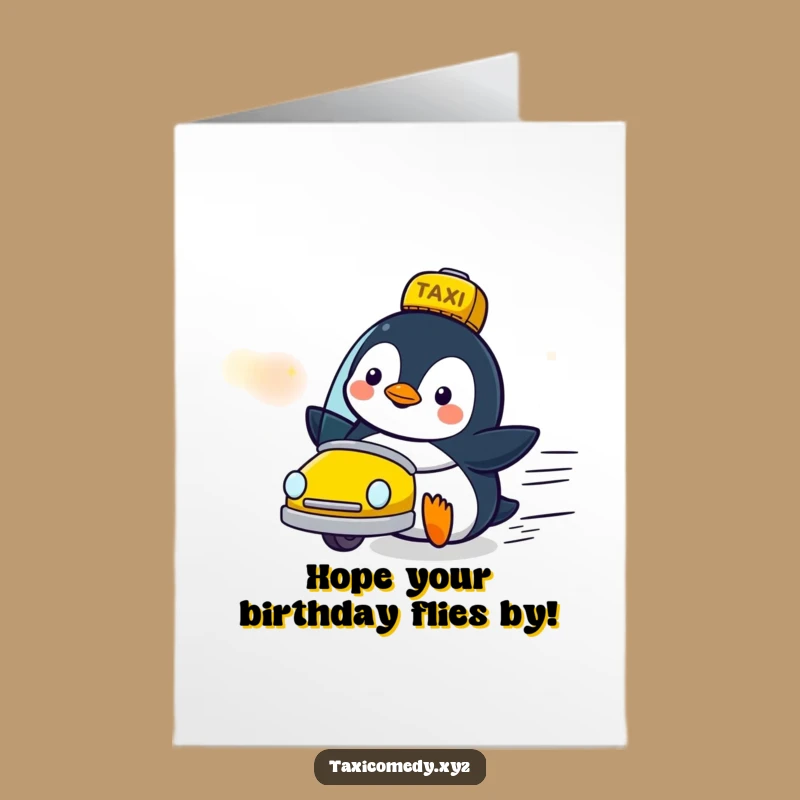 Free Printable Funny Birthday Card: Delighted Penguin Taxi Watcher - Downloadable Gift