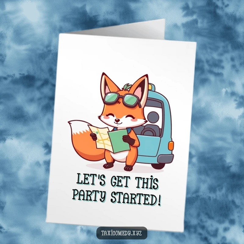 Funny free printable birthday card showing a clever fox character holding a map, humorously giving directions to a taxi driver.