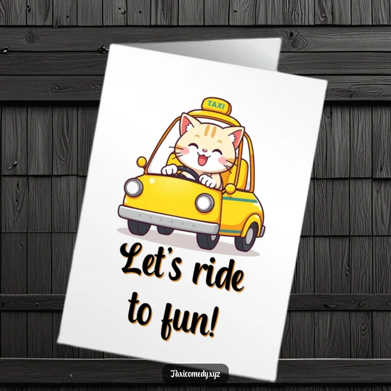 Funny free printable birthday card: a happy cat behind the wheel of a bright yellow open-top taxi, ready for a birthday cruise.