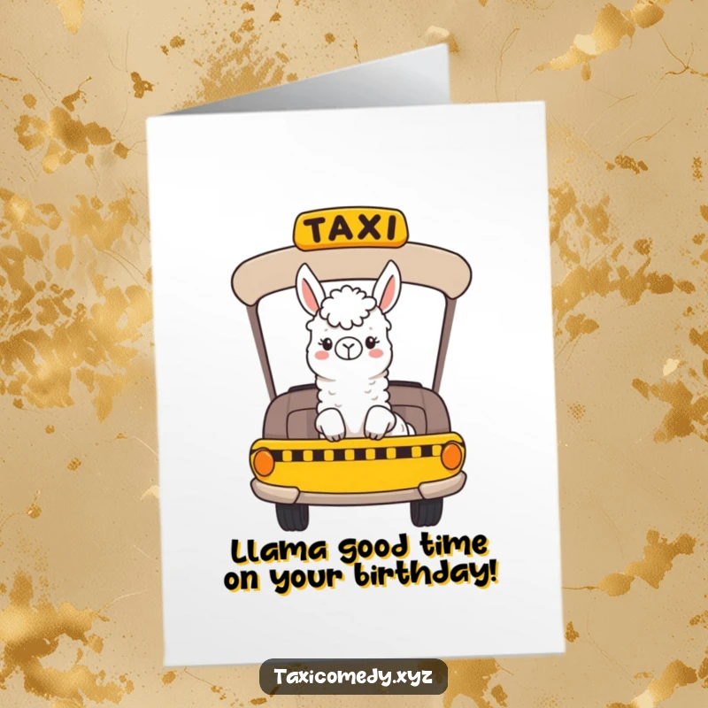 Funny Free Printable Birthday Card: Cheerful llama looking out a taxi window, enjoying the birthday ride.