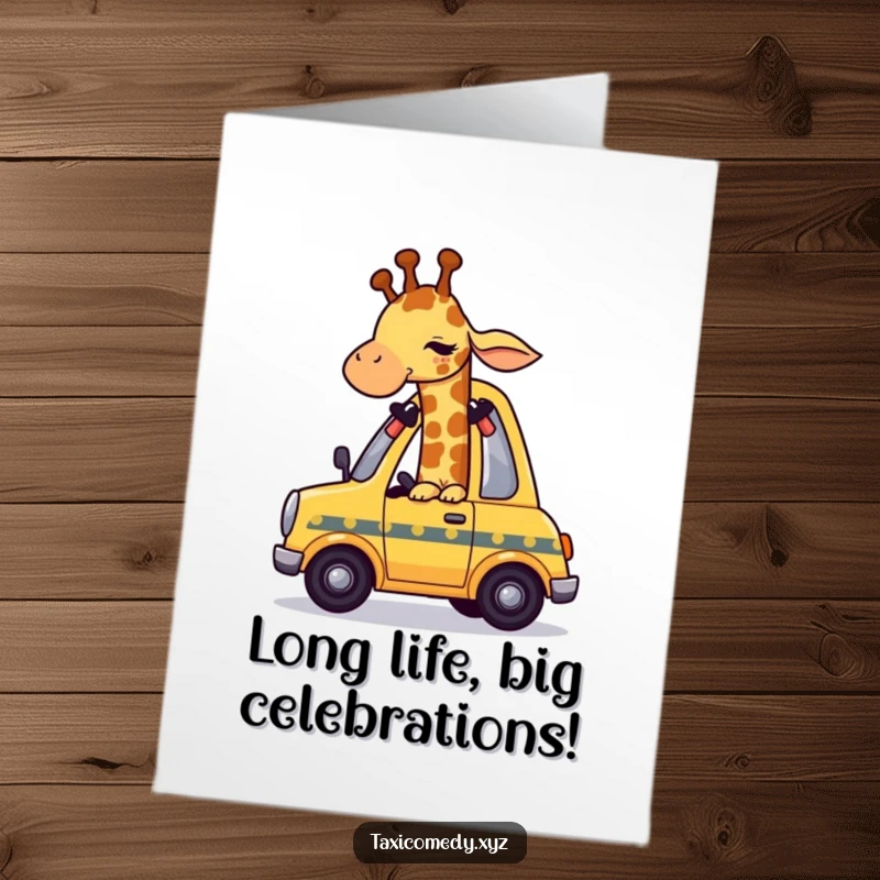 Funny Free Printable Birthday Card: Giraffe humorously squeezes into small taxi, a comical scene for a great gift.