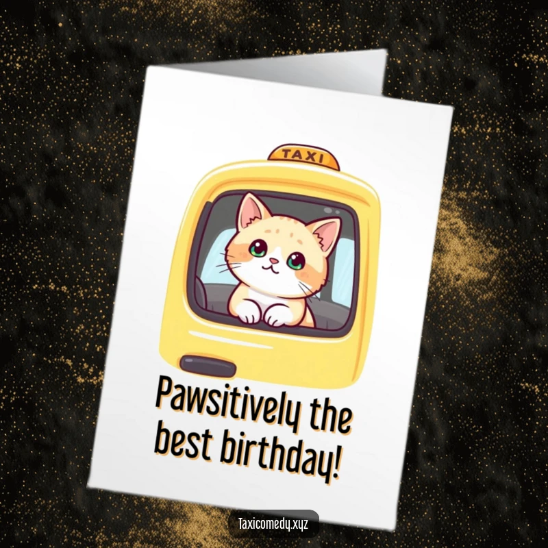 Funny Free Printable Birthday Card: Cute cat peeking out taxi window, dreaming of birthday treats, perfect DIY gift.