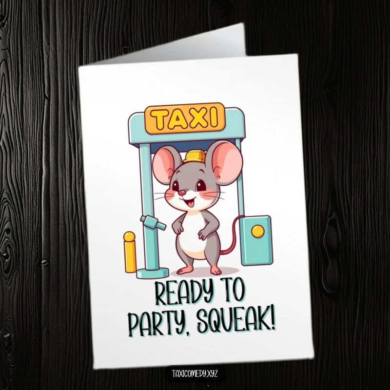 Funny Free Printable Birthday Card: Happy mouse waits at taxi stand, ready for birthday adventures, a cute DIY gift.