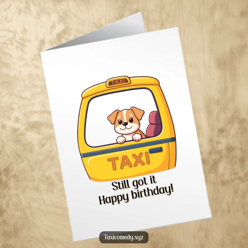 Funny Free Printable Birthday Card: Dog peeking from taxi window, celebrating with glee, ready for adventure.