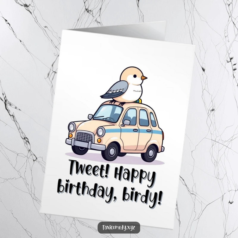 Funny Free Printable Birthday Card, a small bird perched atop a tiny taxi's roof, surveying the scene with curious eyes.