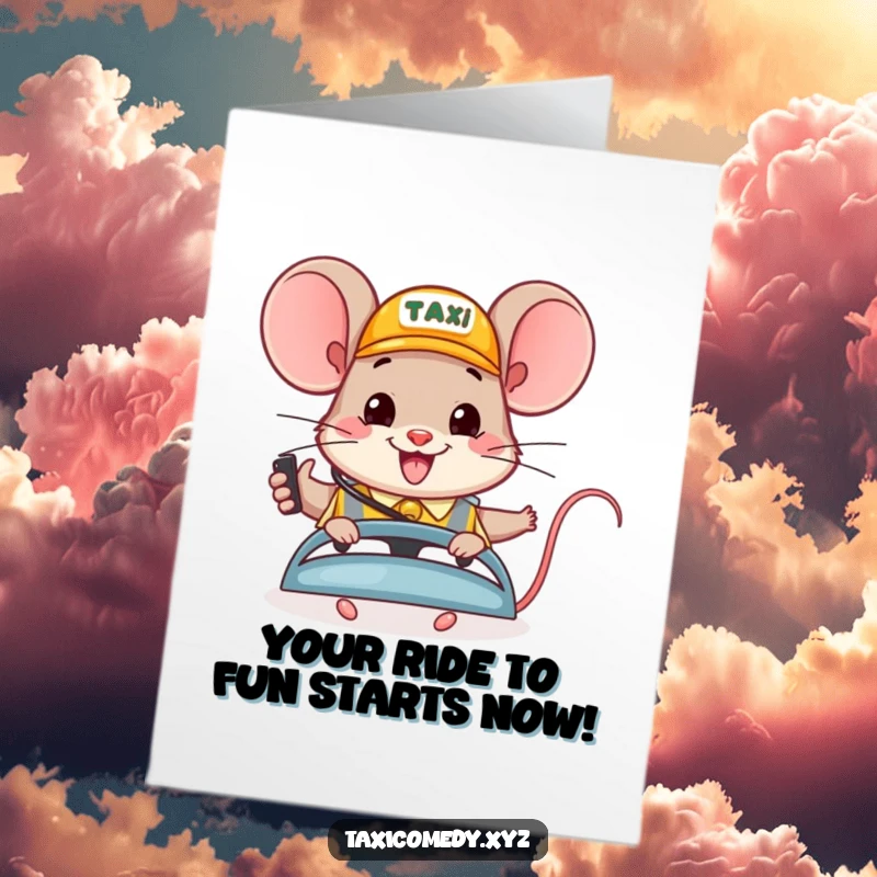 Funny free printable birthday card featuring a happy mouse efficiently dispatching taxis with a smile.